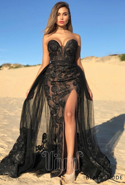 Jadore Lauren Gown Overlay Skirt JX1067 in Black/Nude