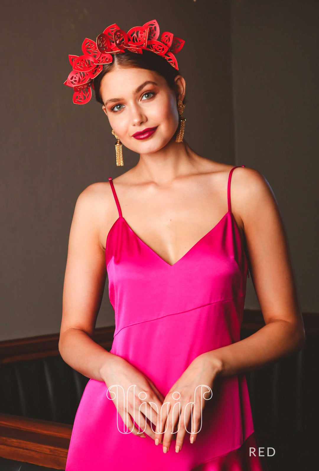 open lace back dress Red Satin Ribbon Dress Fascinator Hat with Feathers/Shenor Collections